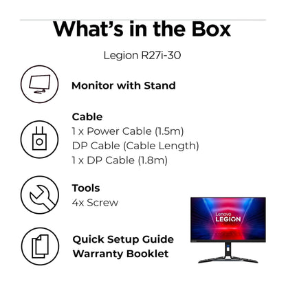 Lenovo Legion R27i-30, 27" IPS FHD Gaming Monitor, 180Hz(OC), 0.5ms(MPRT), 99% sRGB, 2xHDMI 2.1 TMDS, DP 1.4, Tilt, Swivel, Pivot, Height Adjust Stand, AMD FreeSync Premium 3Yr Warranty