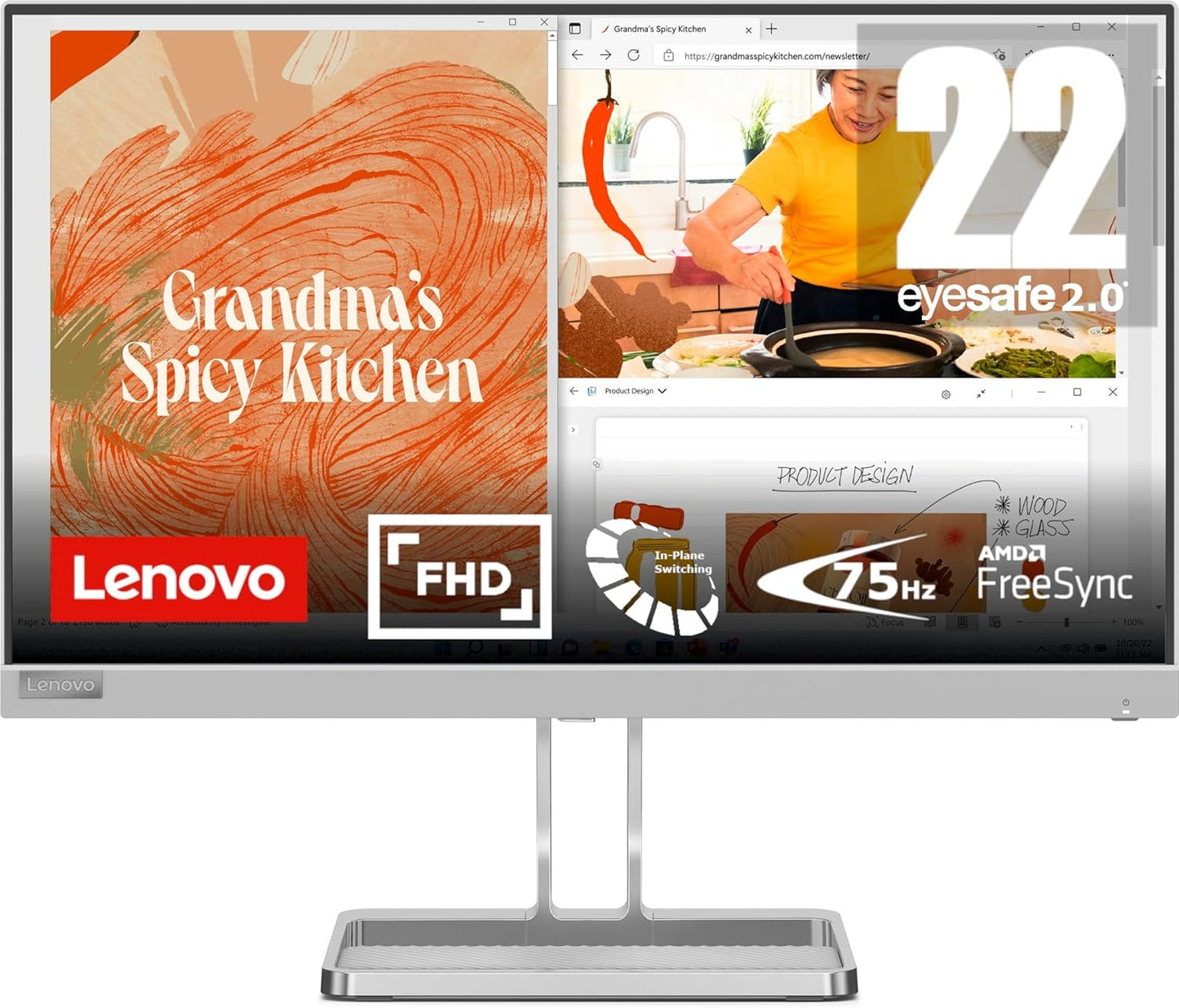 Lenovo L22i-40 22 inch IPS Panel FullHD 75Hz Gaming Monitor With HDMI, VGA, AMD FreeSync, Speakers,Tilt Stand - Cloud Grey