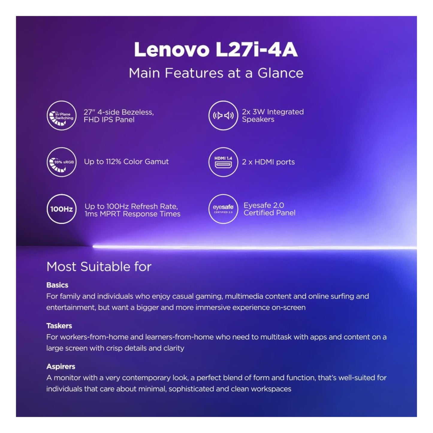 Lenovo L-Series 27 inch (68.5cm) FHD IPS Monitor| 100Hz, 1ms, FreeSync, 99% sRGB, 3Wx2 Speakers, Smart Display Customization Artery, 2X HDMI 1.4, 1x VGA, Tilt, Cloud Grey, L27i-4A