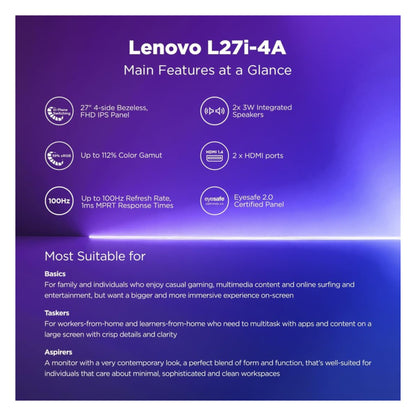 Lenovo L-Series 27 inch (68.5cm) FHD IPS Monitor| 100Hz, 1ms, FreeSync, 99% sRGB, 3Wx2 Speakers, Smart Display Customization Artery, 2X HDMI 1.4, 1x VGA, Tilt, Cloud Grey, L27i-4A