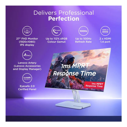 Lenovo L-Series 27 inch (68.5cm) FHD IPS Monitor| 100Hz, 1ms, FreeSync, 99% sRGB, 3Wx2 Speakers, Smart Display Customization Artery, 2X HDMI 1.4, 1x VGA, Tilt, Cloud Grey, L27i-4A