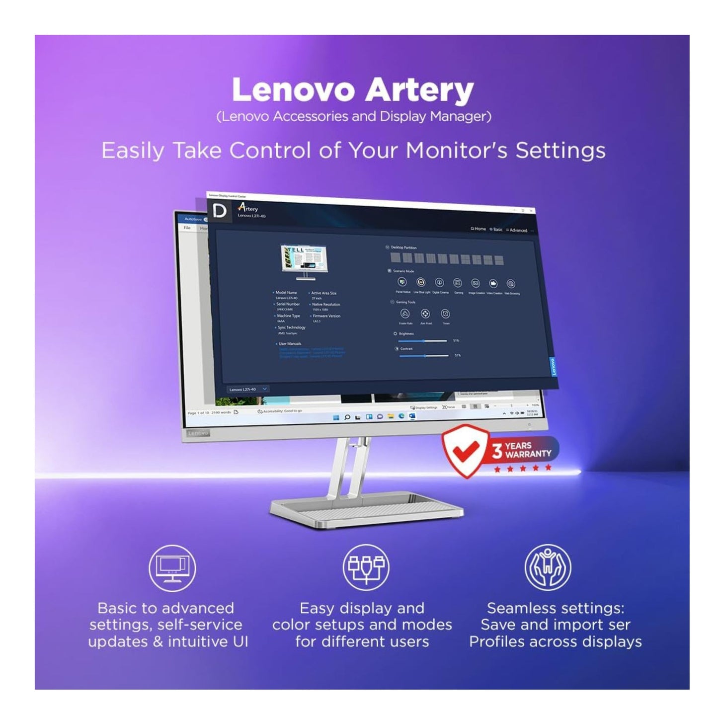 Lenovo L-Series 27 inch (68.5cm) FHD IPS Monitor| 100Hz, 1ms, FreeSync, 99% sRGB, 3Wx2 Speakers, Smart Display Customization Artery, 2X HDMI 1.4, 1x VGA, Tilt, Cloud Grey, L27i-4A